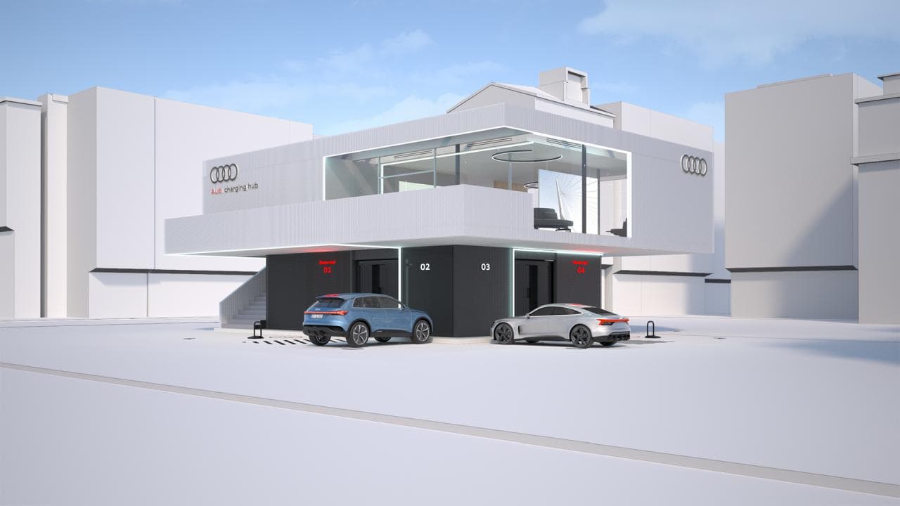 Audi-Lade-Lounge: Unten Strom - oben Kaffee